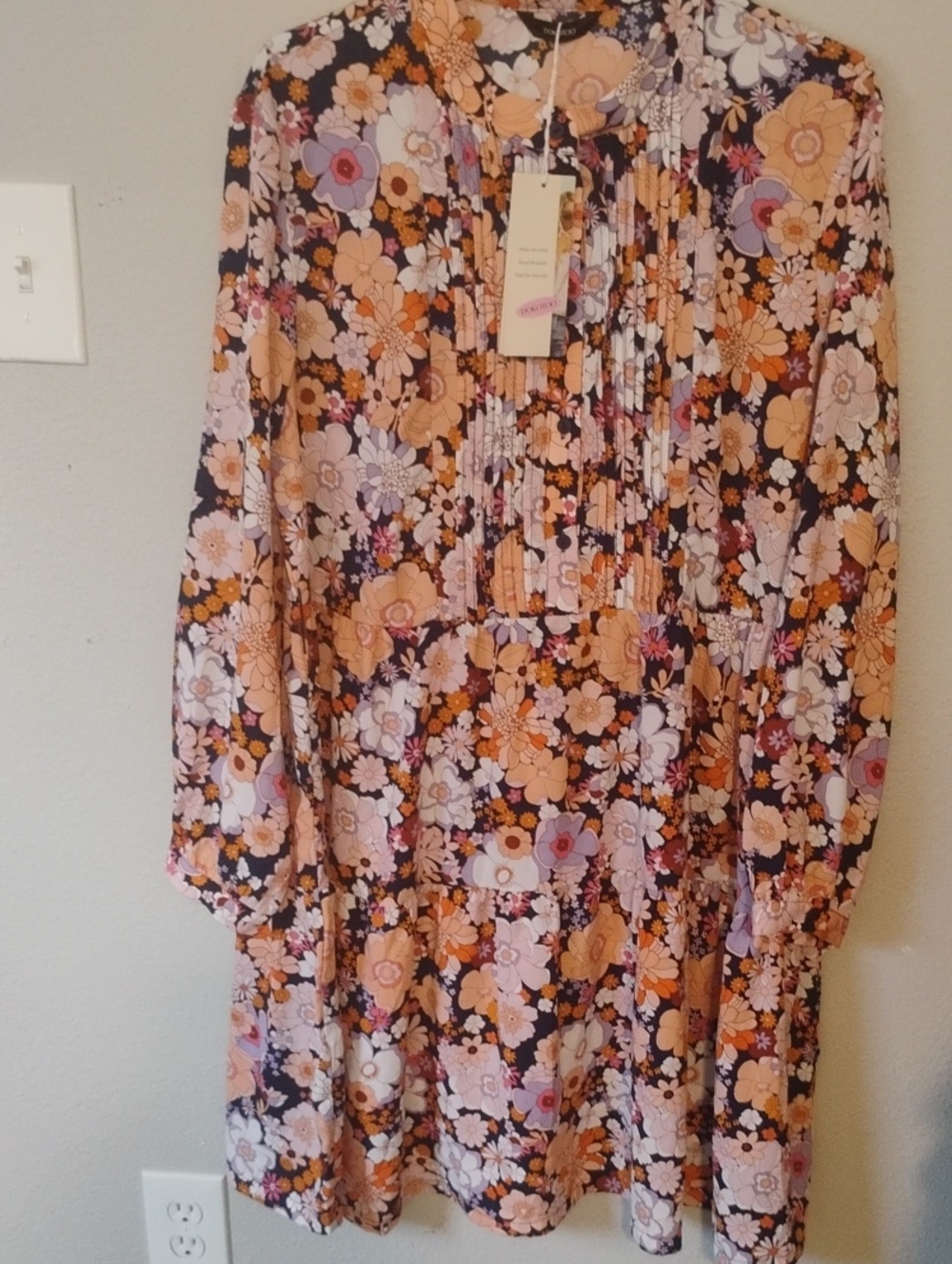 Women's Floral Long-Sleeve Dress in Peach and Lavender